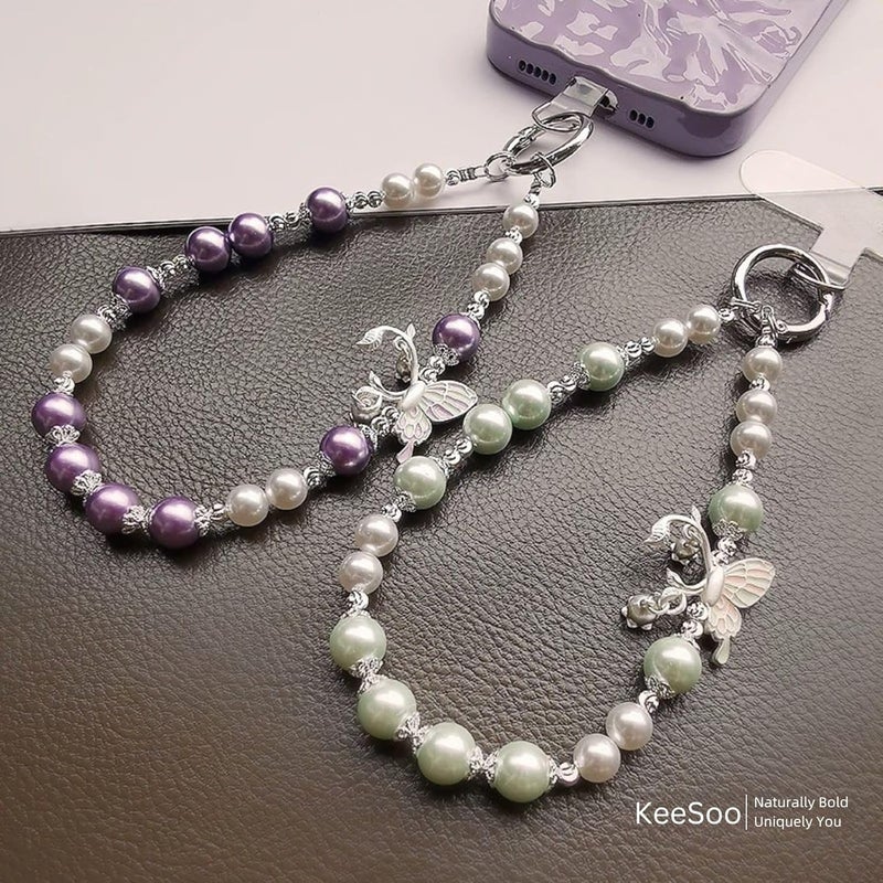 KEESOO Store Korean-Style Pearl Butterfly Phone Charm - Luxe Hands-Free Elegance, Universally Compatible with iPhone & Android, Radiating Timeless Charm, Purple - Image 3